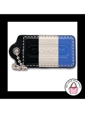 Rare 3" XL COACH STRIPE Black White Blue Leather Fob Bag Charm Keychain Hang Tag